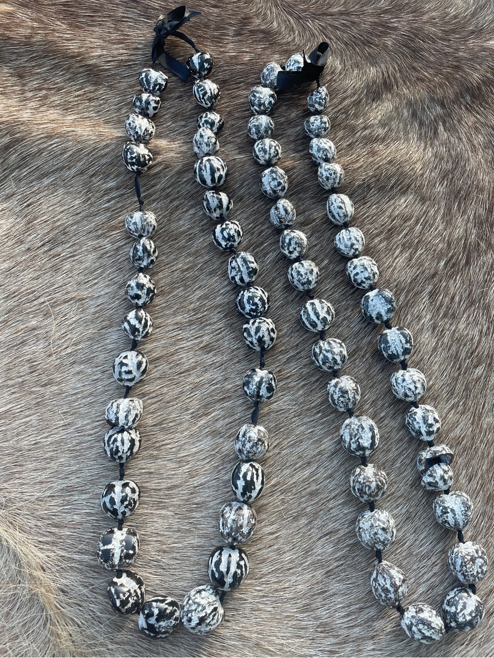 Set of 2 Hawaiian Natural Kukui Nut Lei Tiger Black White 36” Luau Wedding